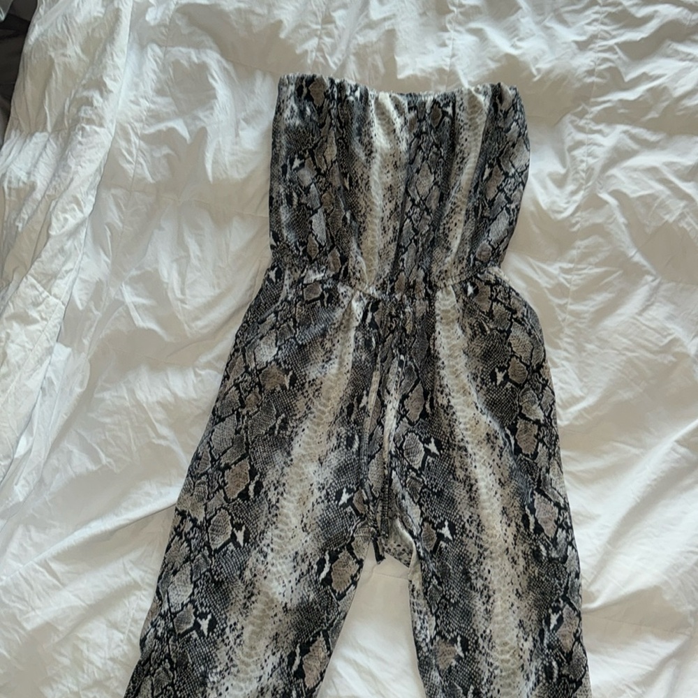Ariella Strapless Snake-Print Romper in Black and Cream